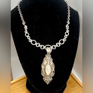 CAROLYN POLLACK Sterling Silver Brass Scroll Filigree MOP Pendant Necklace